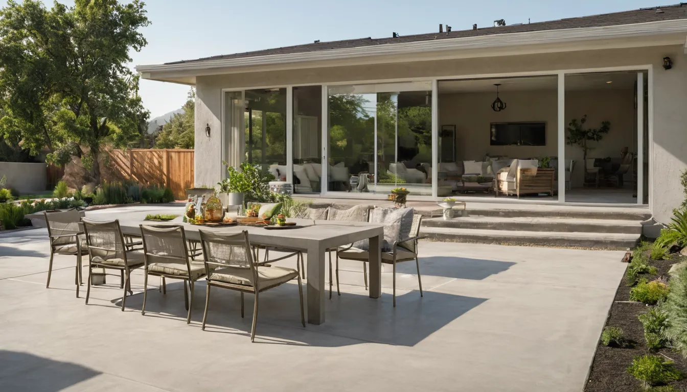 Newly poured concrete patio behind a stucco home in Loomis with outdoor chairs and a small table